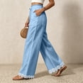 thumbnail image 7 of Women's Lightweight Lace Hem Beach Pants Ruffle Elastic Waist Wide Leg Palazzo Pants Textured Summer Pockets Casual Pants Fashion Bottoms Blue, 7 of 7