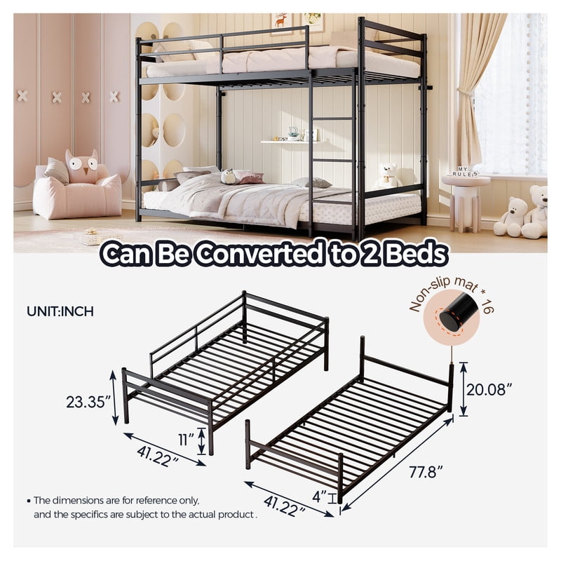 Twin-Over-Twin Metal Bunk Bed Convertible to 2 Separated Platform Beds, Noise-Free Kids Bed Frame with Rubber Anti-Slip Ladder