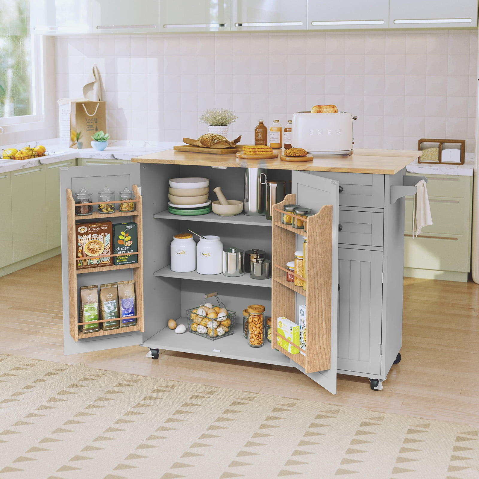 CBJCBJ 50.4" Kitchen Island with Storage, Wood Top Cart with Drop Leaf and Wheels, Gray