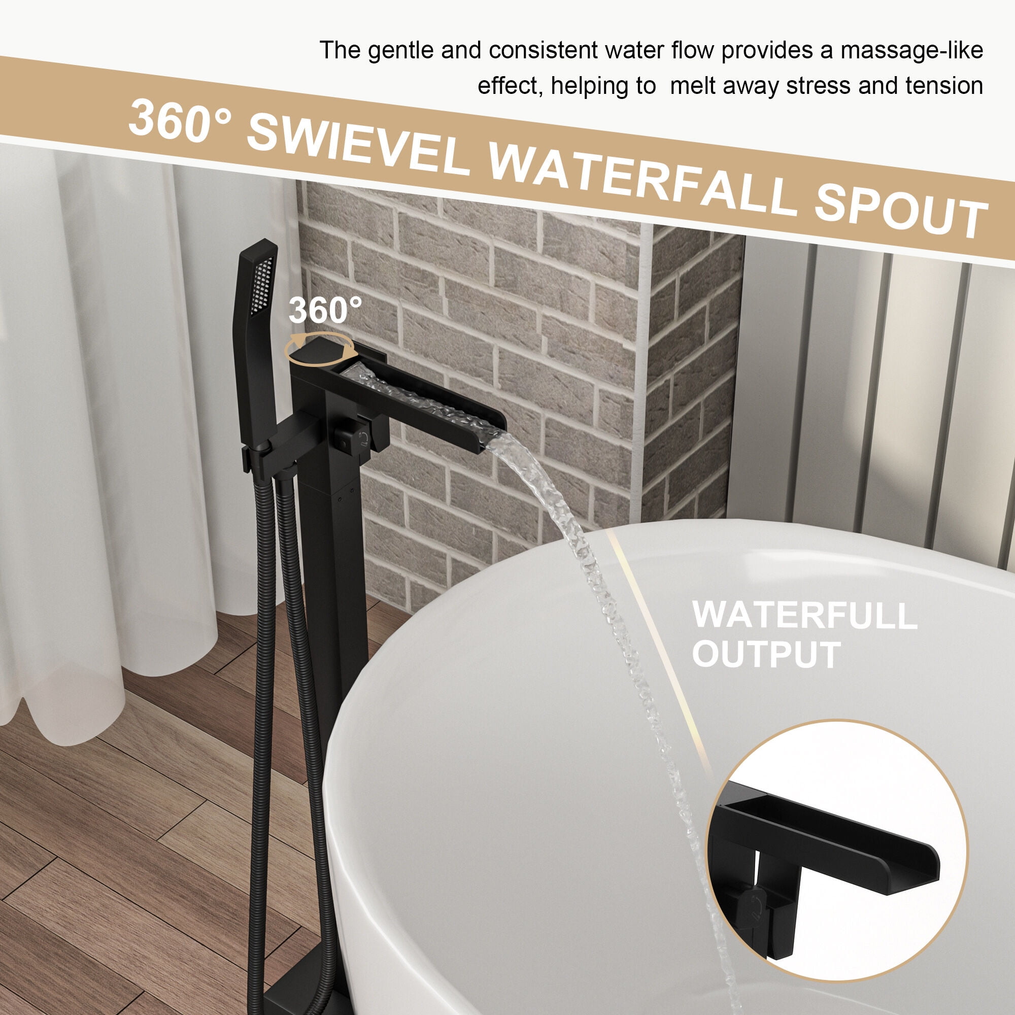 Freestanding Tub Faucet Replacement Freestanding Bathtub Faucet Waterfall Tub Filler Matte Black Floor Mount Brass Bathroom Faucets with Hand Shower,Freestanding Tub Faucet Installation