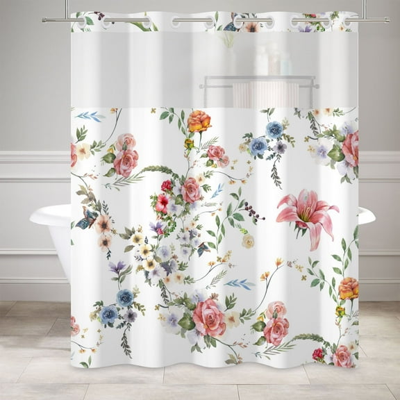 Mizhona Rustic Pink and Blue Floral No Hooks Shower Curtains with Snap in Liner Farmhouse Peony Hookless Fabric Bathroom Curtain,71"× 86"