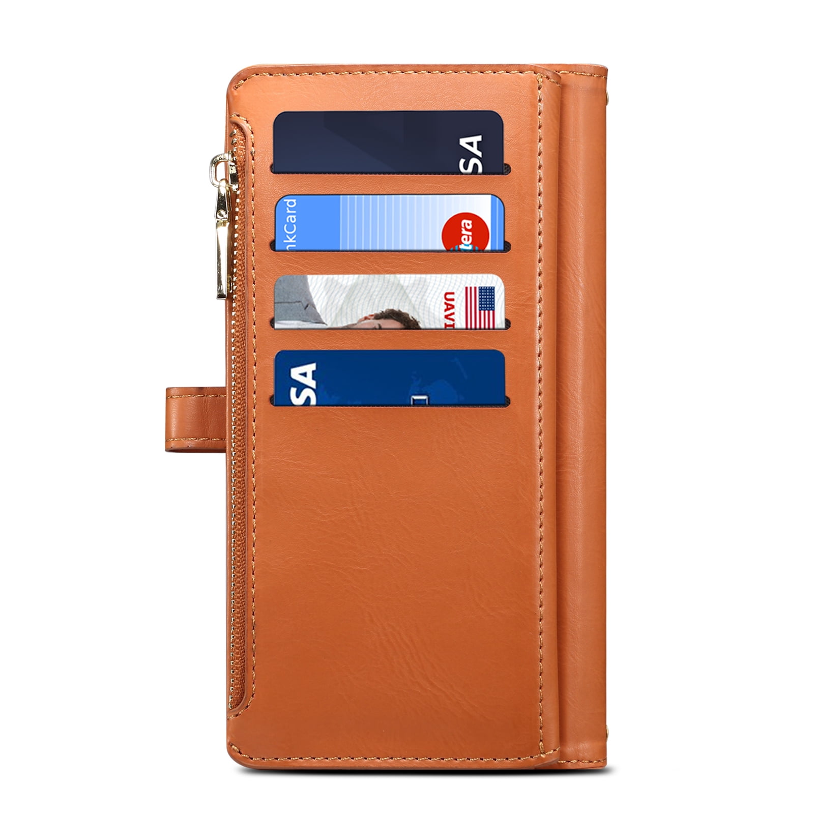 Dteck Wallet Case for iPhone 13 6.1 Inch, Leaf Pattern Luxury PU Leather RFID Blocking Card Slots Holder Zipper Pocket Flip Case with Kickstand Magnetic Crossbody Strap Phone Cover,Brown