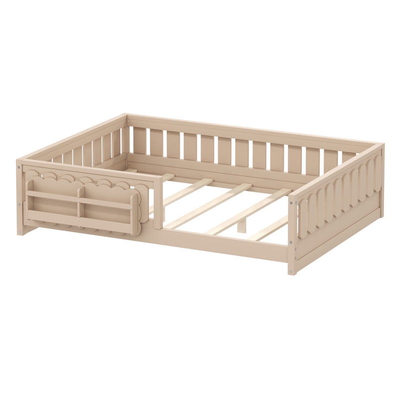 Mirightone Wood Full Size Floor Bed with Rails and Slats, Montessori Bed with Storage Shelves, Low Floor Bed Frame Full Size - Natural