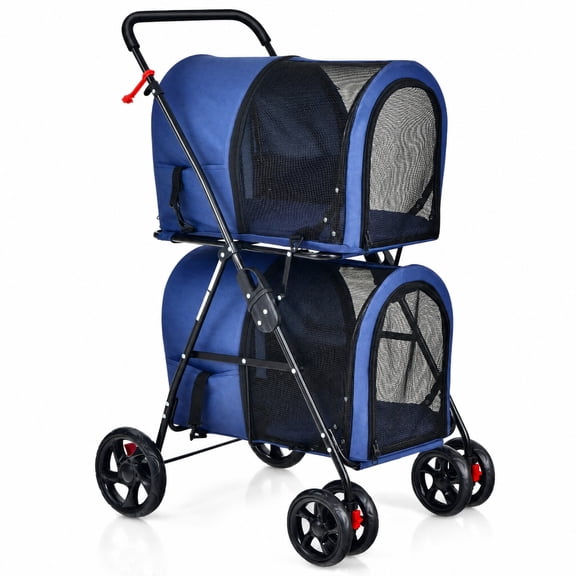 SUGIFT Double Pet Stroller for Small Dogs and Cats, Foldable Cat Stroller with 2 Detachable Carriers, Breathable Dog Stroller, Beige Blue