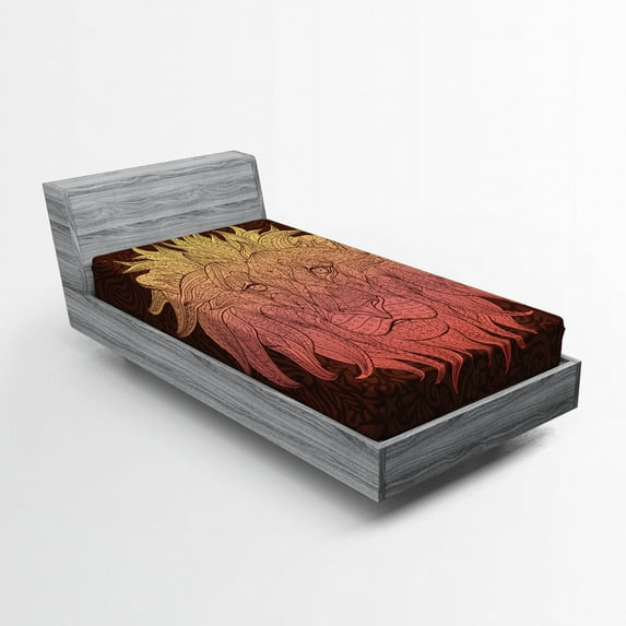 Ambesonne Savannah Fitted Sheet, Lion Floral Ornate Art, Twin Size, Maroon and Yellow