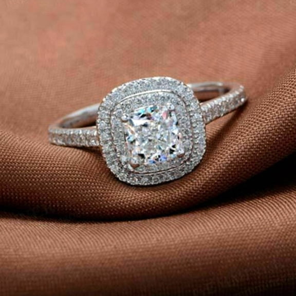 6.50 mm Certified Moissanite 18K White Gold Plated Halo Engagement Ring, Solitaire Silver Ring, Moissanite Ring, Cushion Faceted Gemstone, Beautiful Ring