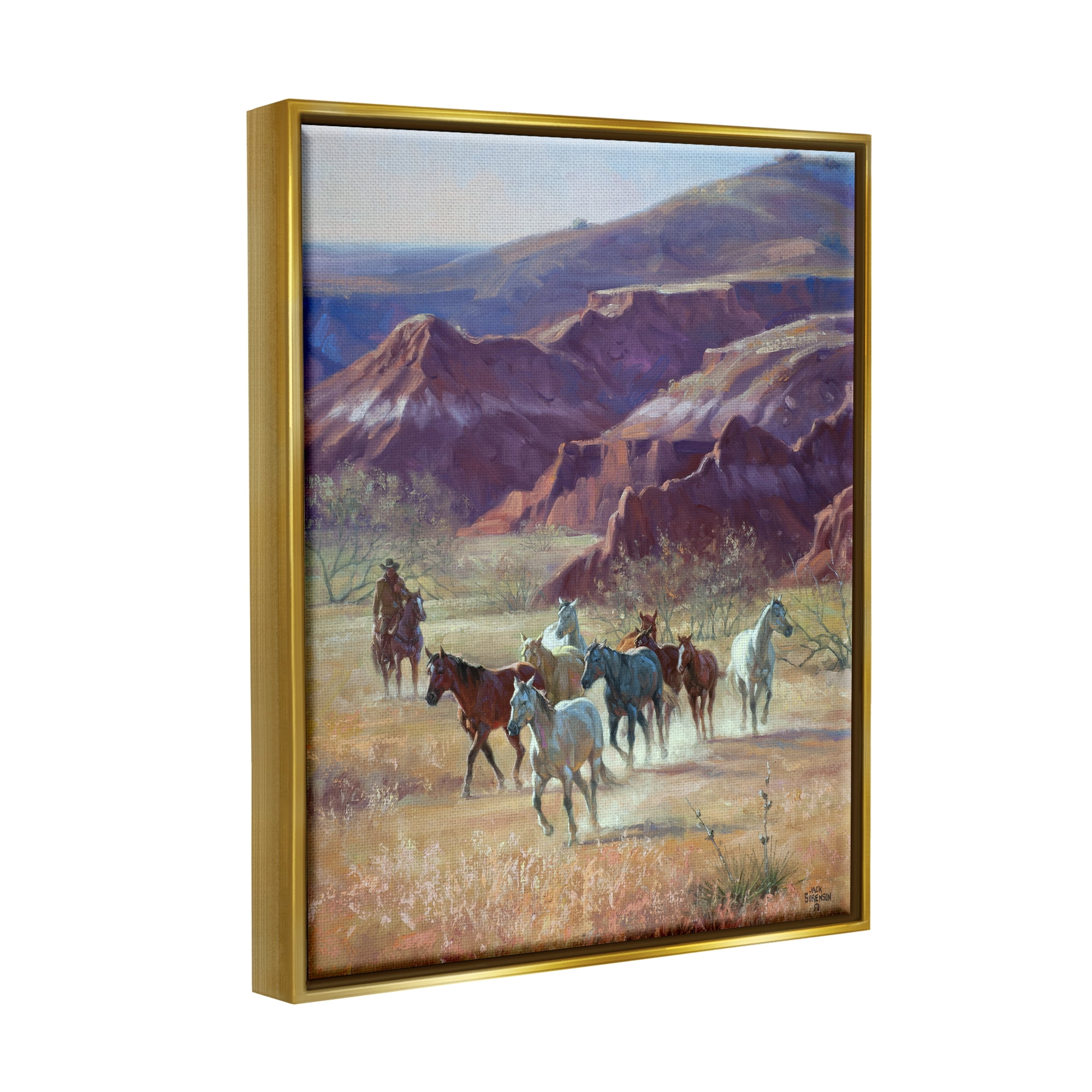 Stupell Industries Horses in Canyon Landscape Animals & Insects Painting Gold Floater Framed Art Print Wall Art, 17 x 21