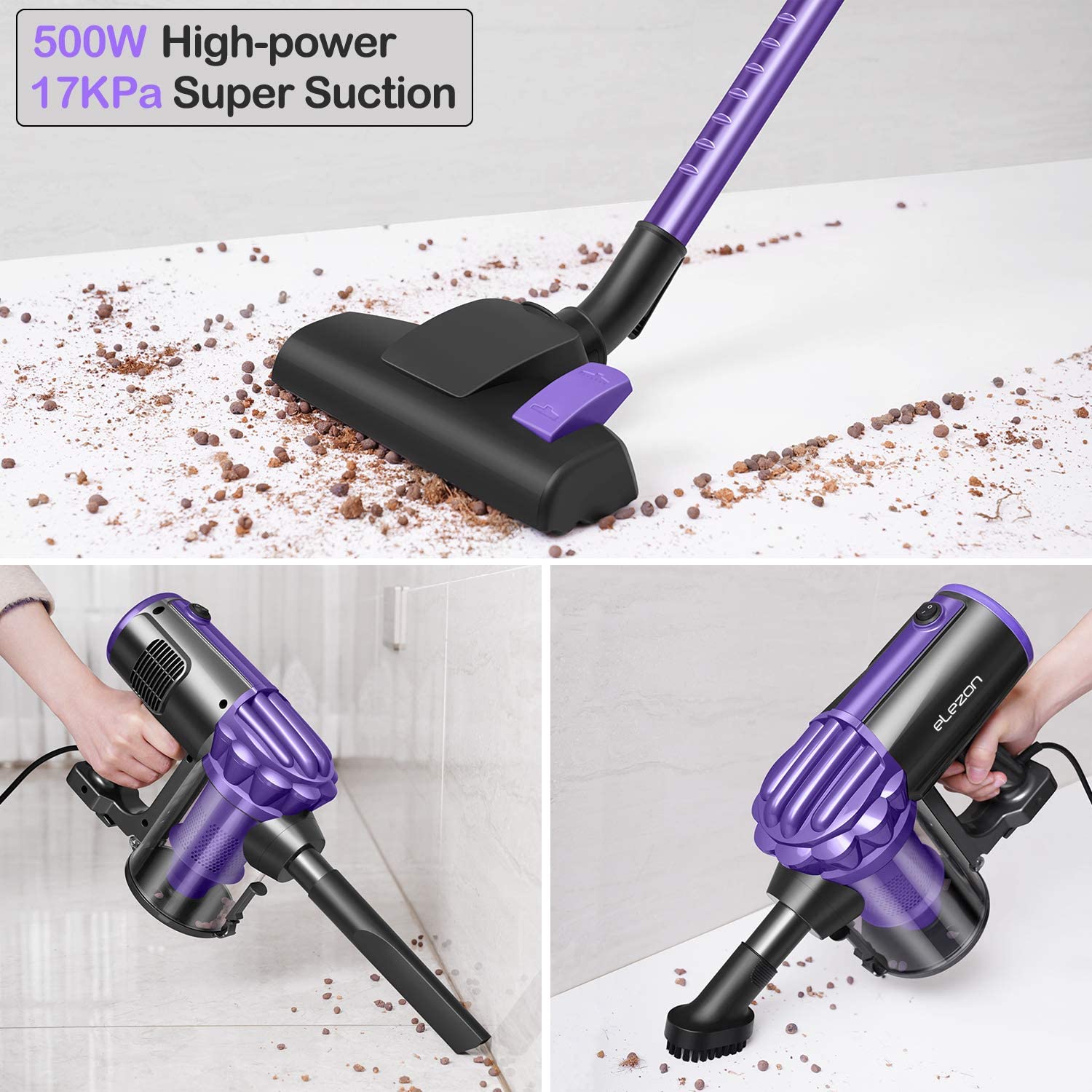 elezon Vacuum Cleaner Corded Bagless 17KPa Powerful Suction Stick Handheld Vacuum for Hardwood Floor and Tile