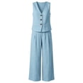 thumbnail image 5 of Womens 2 Piece Linen Set V-Neck Button Vest & High Waist Wide Leg Pants Casual Vacation Outfits Sky Blue M, 5 of 5