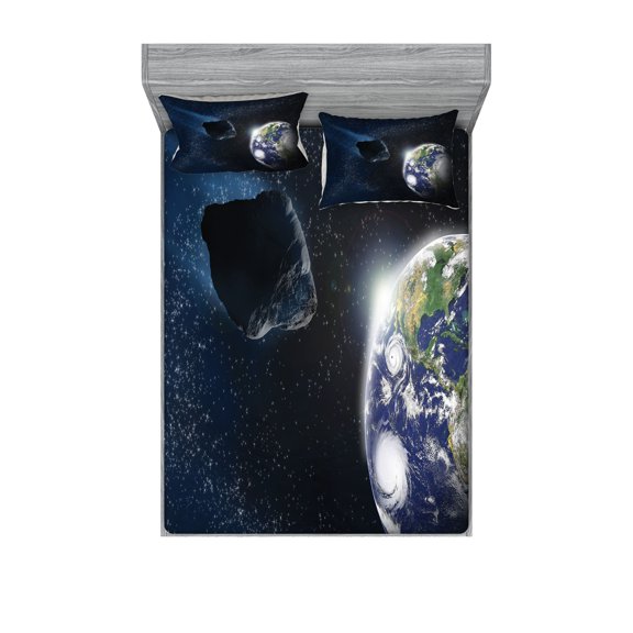 Ambesonne Galaxy Fitted Sheet & Pillow Sham Set, Asteroid Rocky Space, Full, Dark Blue Grey