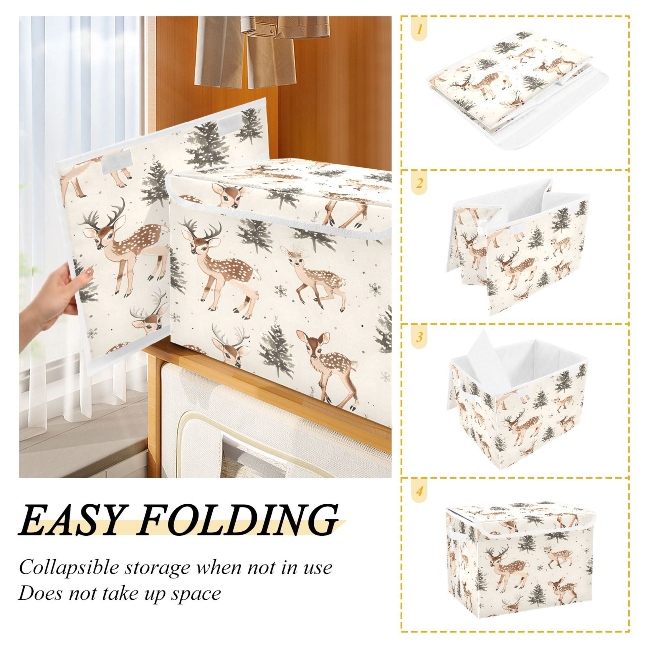 Ryvnso Deer Christmas Tree Large Lidded Foldable Storage Baskets Cubes Boxes Lids Bin for Home