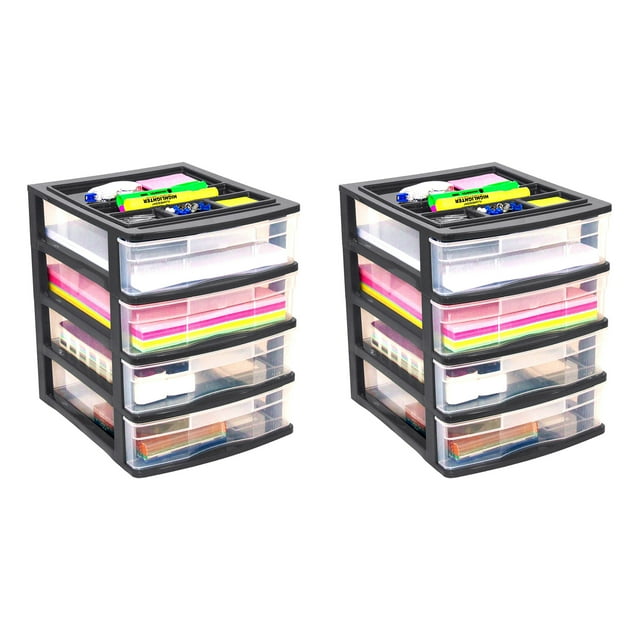 Gracious Living 4 Drawer Desktop Storage w/ Organizer Lid, Black (2 Pack)