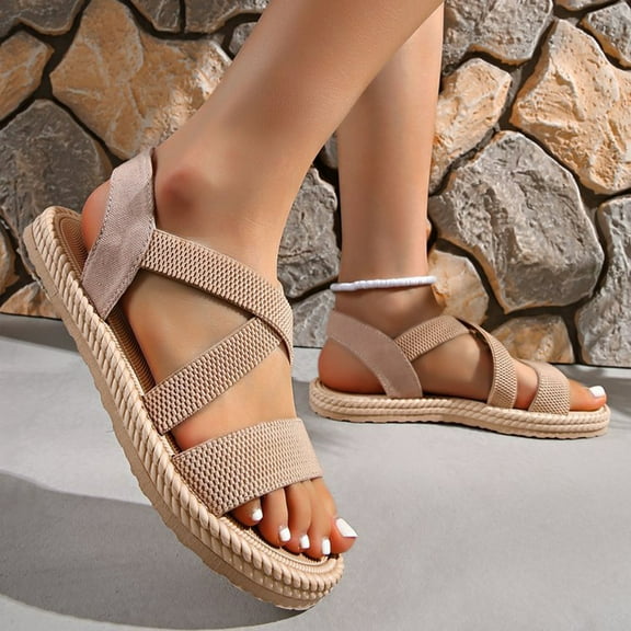 Nmnitkp Sandals for Women 2026 Arch Support Women's Flat Slide Sandals-Adjustable Double Elastic Bands,Crossover Straps,Fashion Casual Summer Flat Sandals