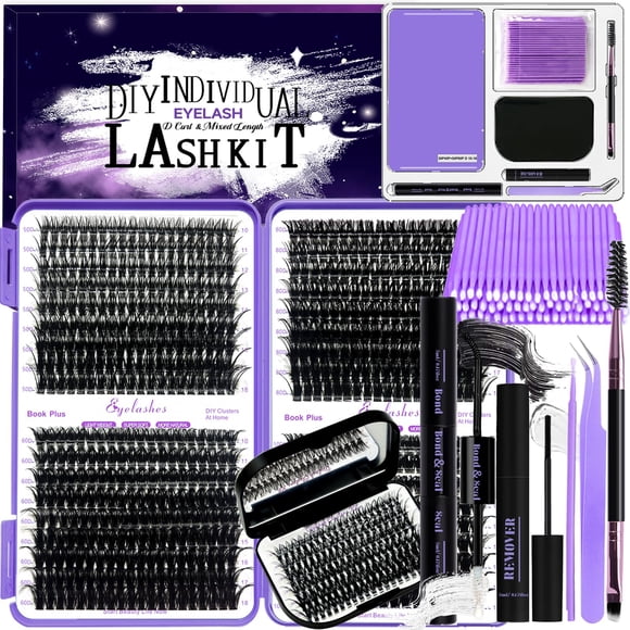 Kit de extensión de pestañas DIY 804 piezas D Curl Individual Lash Clusters Juego de extensión de pestañas con espejo Caja de almacenamiento de pestañas Lash Bond&Seal Pegamento Removedor Pinzas Aplic