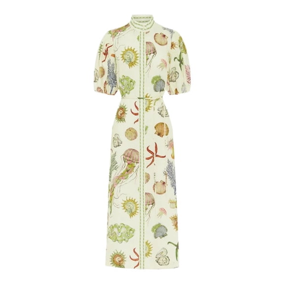 Ocean Print Midi Dress Women Puff Sleeve Button Front Belted Casual Summer Dress