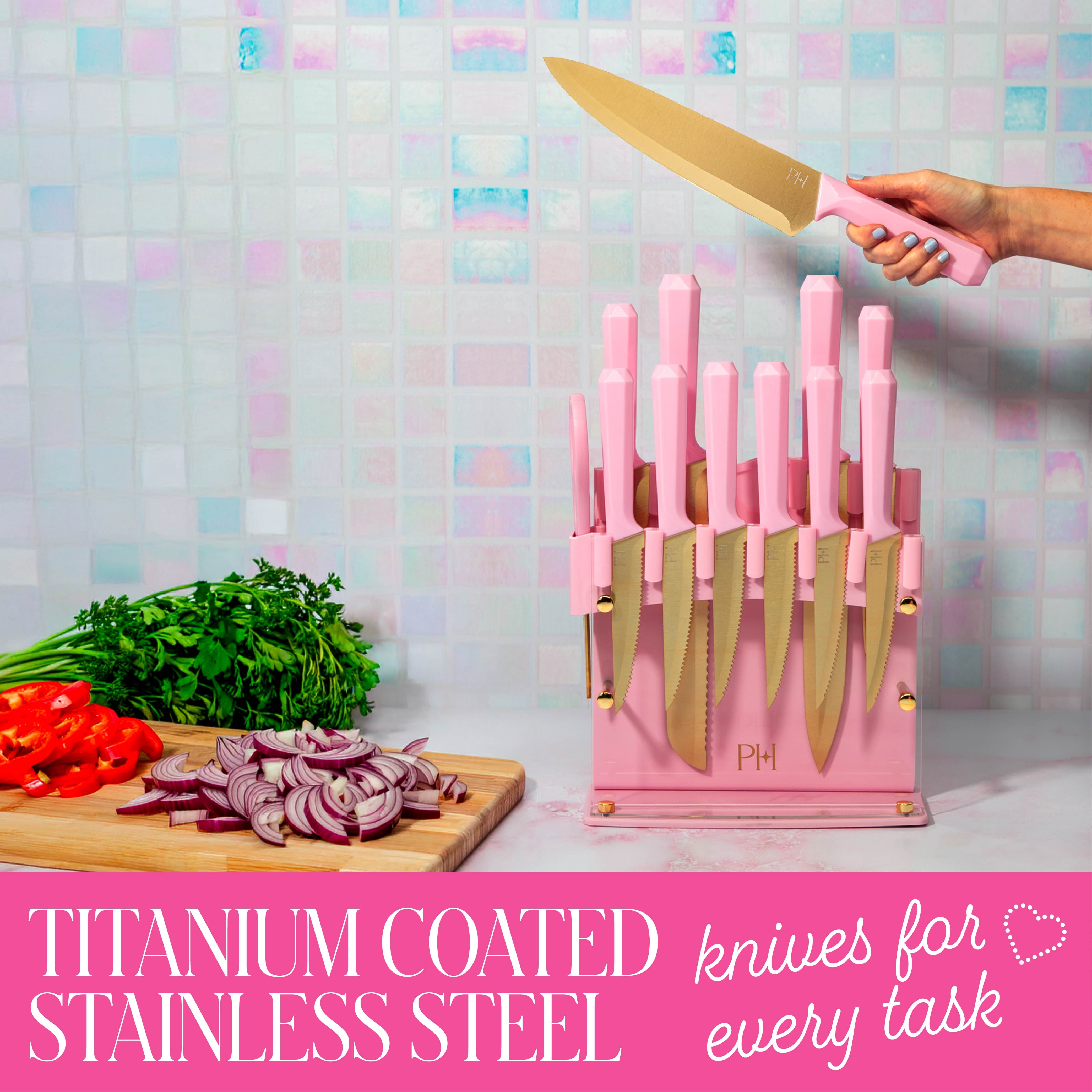 Paris Hilton 13-Piece Knife Block Set with Acrylic Shield, Gold Titanium-Coated Stainless Steel Blades, Pink Faceted Handles