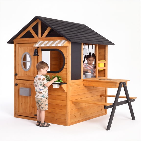 Wooden Outdoor Playhouse, Cedar Kids Playhouse for Kids Ages 4-8, with Play Kitchen, Doorbell, Snack Window & Bench, Sink, Flowerpot