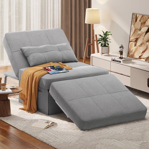 Noelse Sleeper Chair Bed 4 in 1 Sofa Bed, Convertible Chair Assembly-Free Folding Ottoman with Adjustable Backrest and Pillow for Living Room, Office, Gray