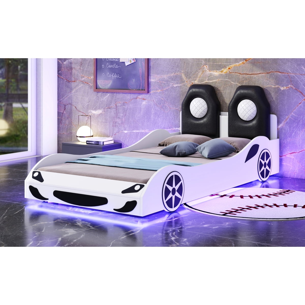 Wood Twin Size Race Car-Shaped Platform Bed with LED and Upholstered Backrest, White    RR