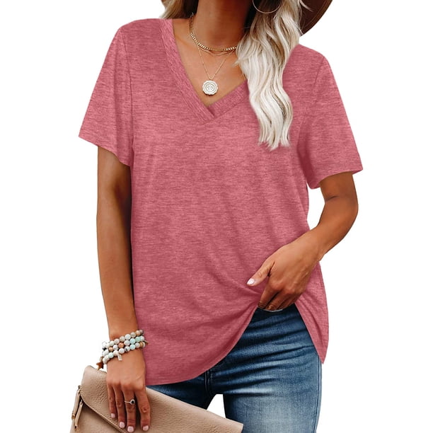 Camisetas de mujer con cuello en V de manga corta de verano Tops sueltos Fokelyi WRHS-189-1