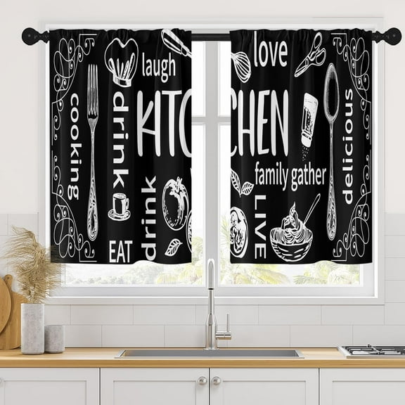 Black Kitchen Curtains 36 Inch Length Doodle Window Short Tier Curtains Over Sink Set of 2, Funny Abstract Small Kitchen Decor