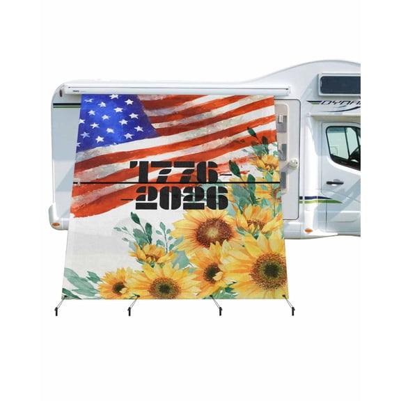 4th of July RV Awning Sun Shade Screen 9'X7' 250th Anniversary Mesh Sunscreen Sunflower American Flag Awning Shade Screen with Zipper UV Blocker Completed Kits Outdoor Canopy for RV Motorhome Camper