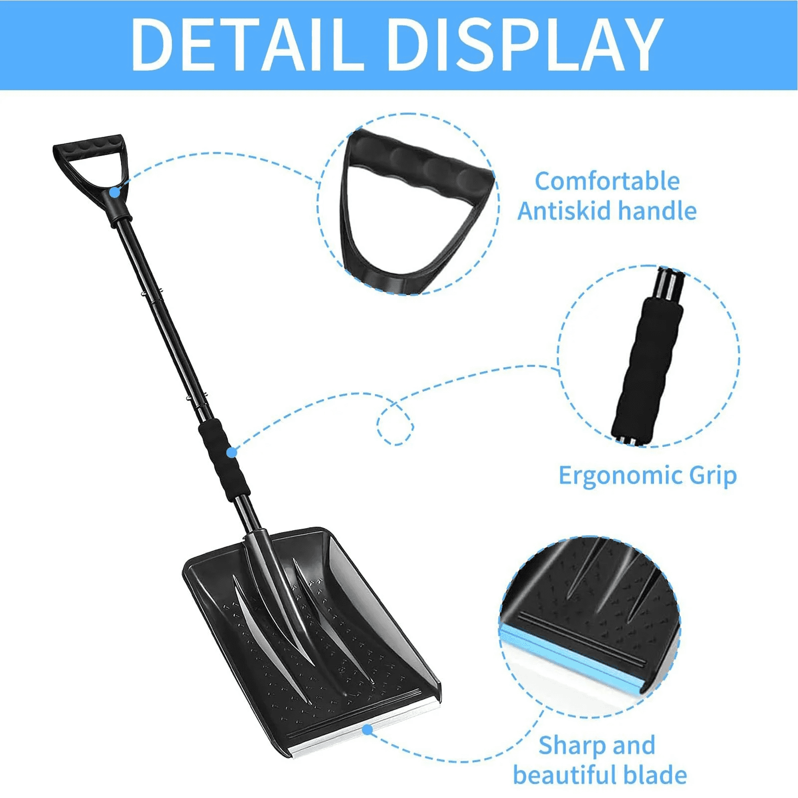 1 Large Multi-Functional Outdoor Snow Shovel Shovel for Car and 42.5 Inch Foldable Lightweight Aluminum Alloy Ice Scraper Ergonomic Handle for Emergency Removal Garden Black