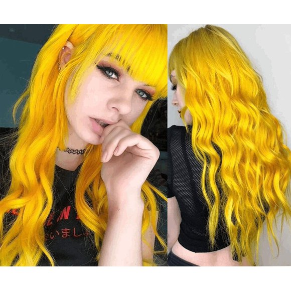 Sallcks pelucas amarillas onduladas y rizadas largas para mujer con flequillo, pelucas sintéticas coloridas y bonitas para Cosplay personalizadas para Halloween