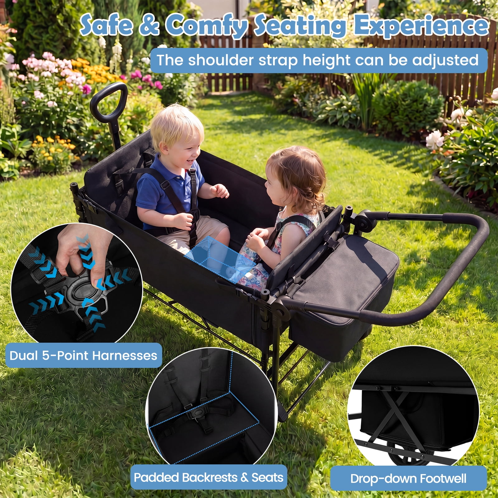 Babyjoy Foldable Wagon Stroller ,Baby Stroller with Removable Canopy,Adjustable Handle Black