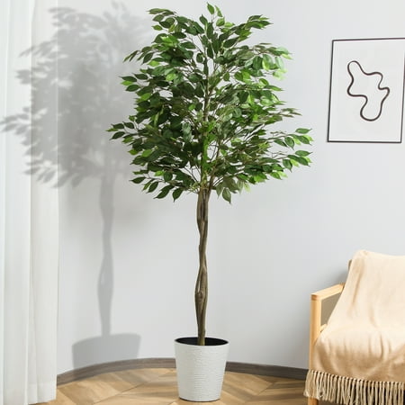 7FT Artificial Ficus Tree Faux Plastic Ficus Plant in Pot with Durable Plastic Trunk Fake Silk Plant for Home Decor Office House Living Room Indoor Outdoor