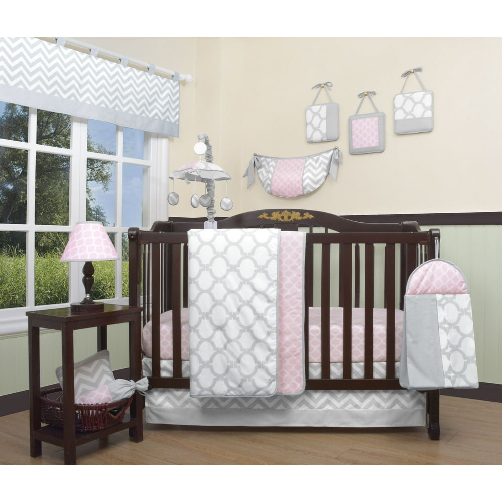 Bumperless 12 Pieces Salmon Pink/Gray Chevron Baby Nursery Crib Bedding Set