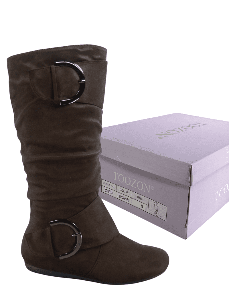 Women's Casual Flat Heel Side Zip Wide Calf Knee High Mid-Calf