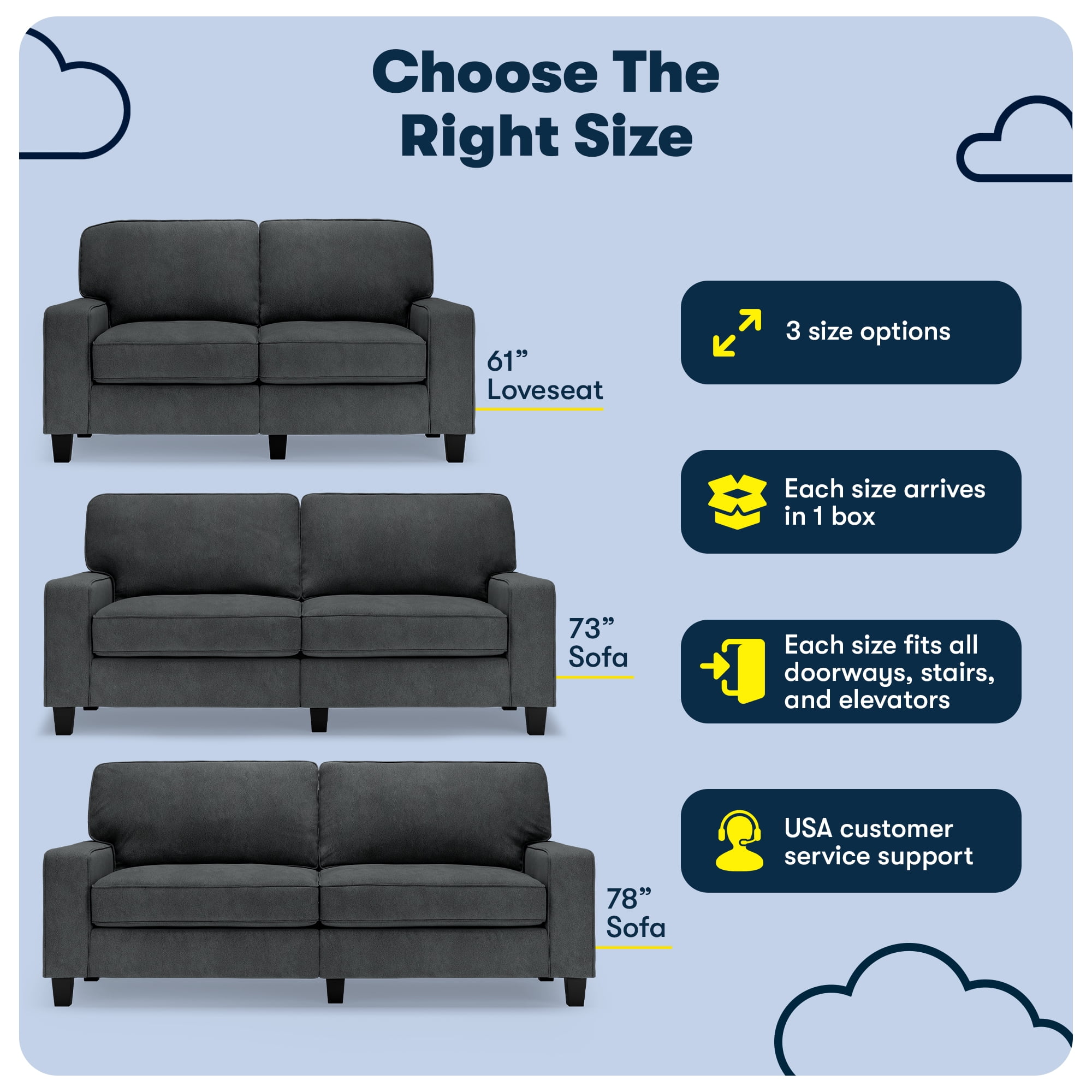 Serta Palisades 61" Track Arm Sofa, Easy Care Polyester, Loveseat or Couch for Small Spaces, Charcoal