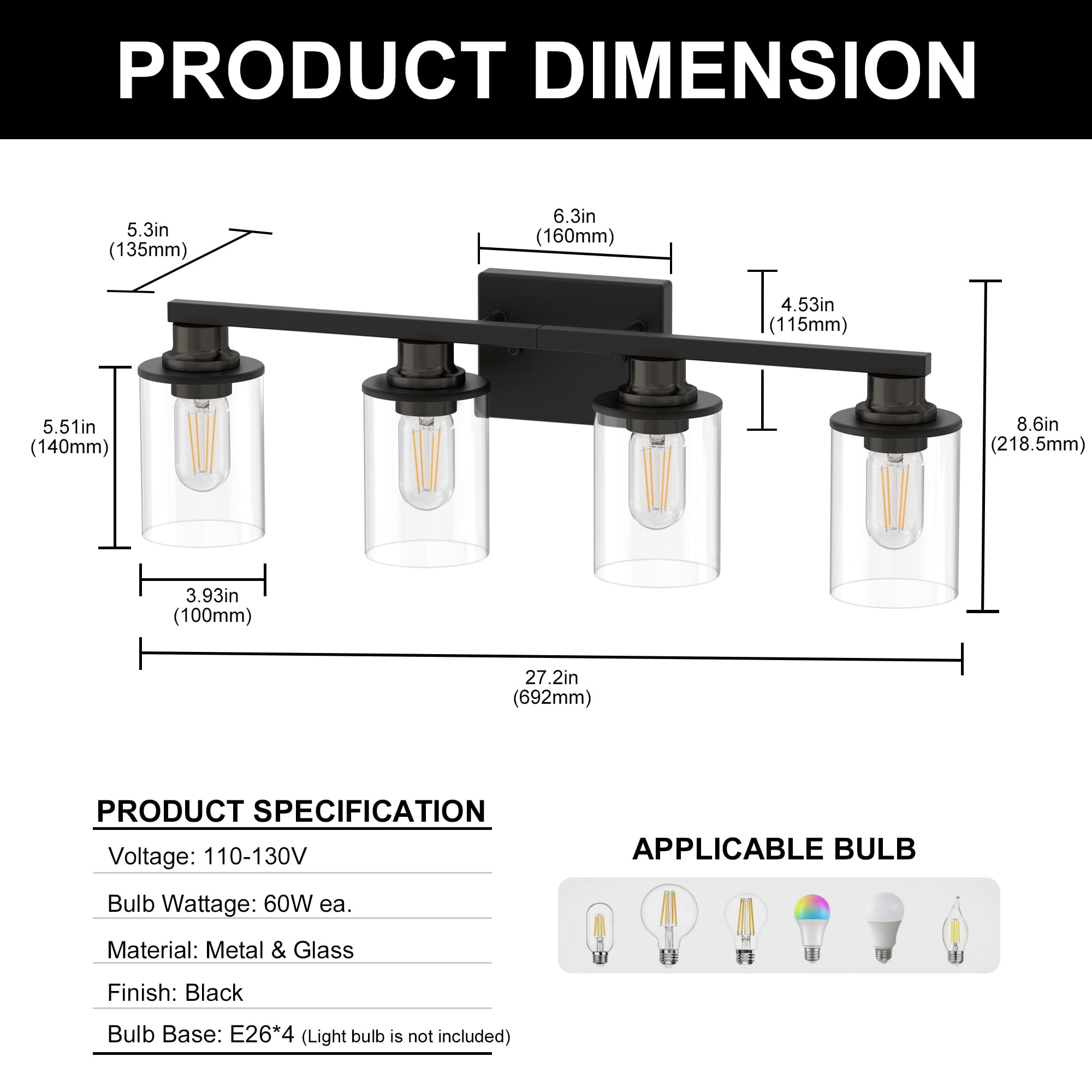YANSUN 27.2 in 4-Light Black Bathroom Vanity Light Fixtures Over Mirror with Clear Glass Shades for Bathroom, Powder Room, Bedroom
