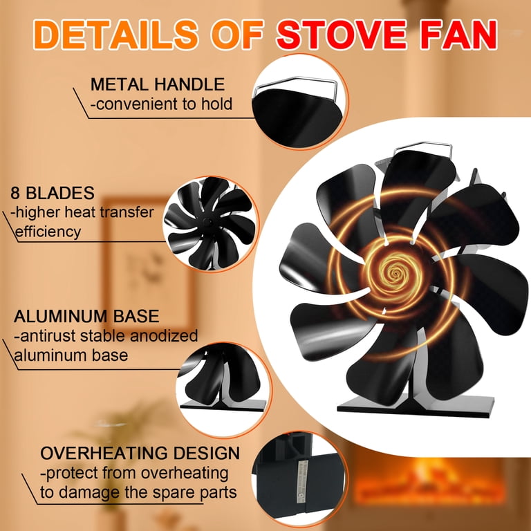 VODA, Wood Stove Fan, 8-Blades, Heat Powered, Silent
