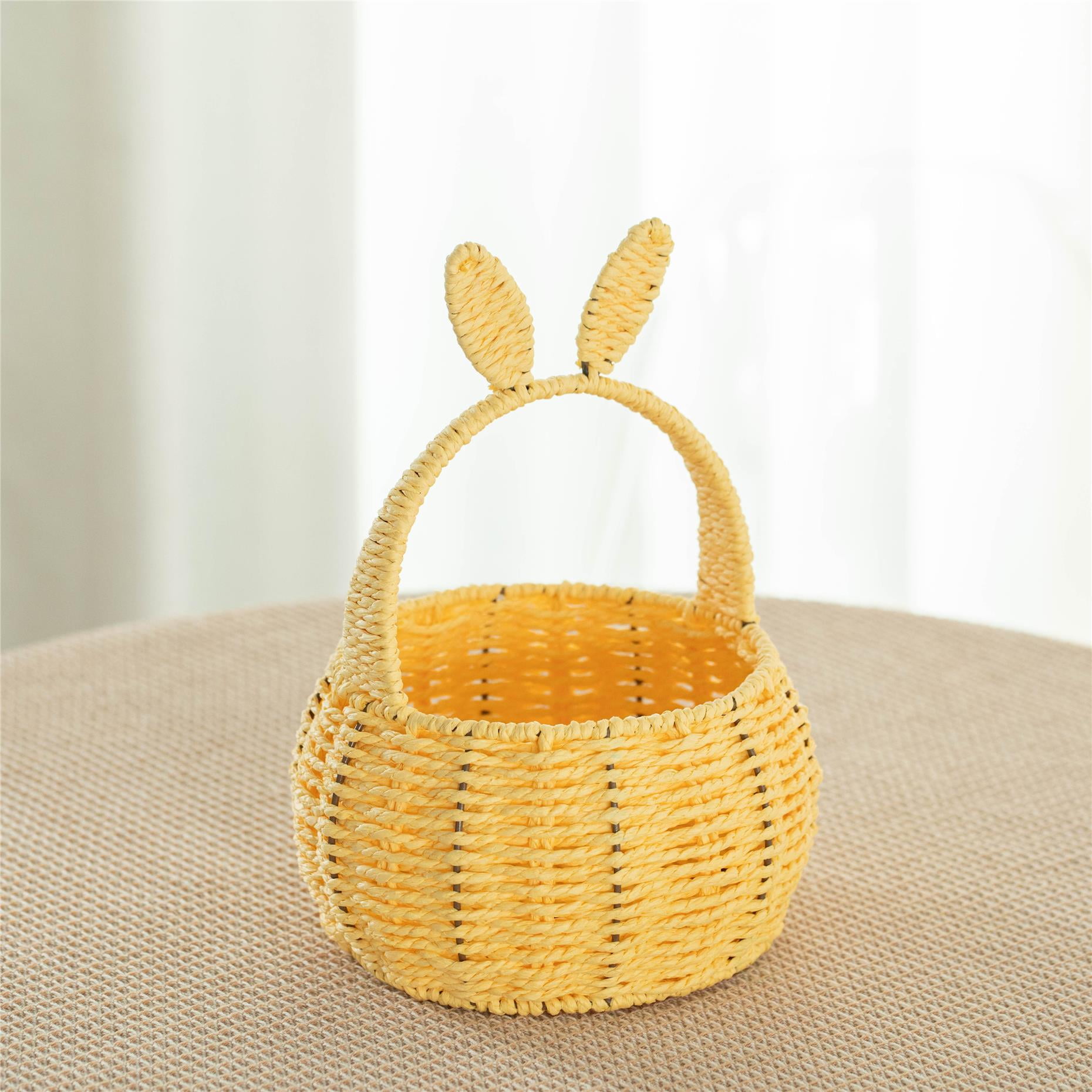 Wickerwise Hand-Woven Easter Bunny Ear Basket with Handle – Multi-Purpose Paper Rope Wicker Basket for Easter Egg Hunts, Picnics, Flower Arrangements, Food Storage, Party, and Home Decor, Yellow