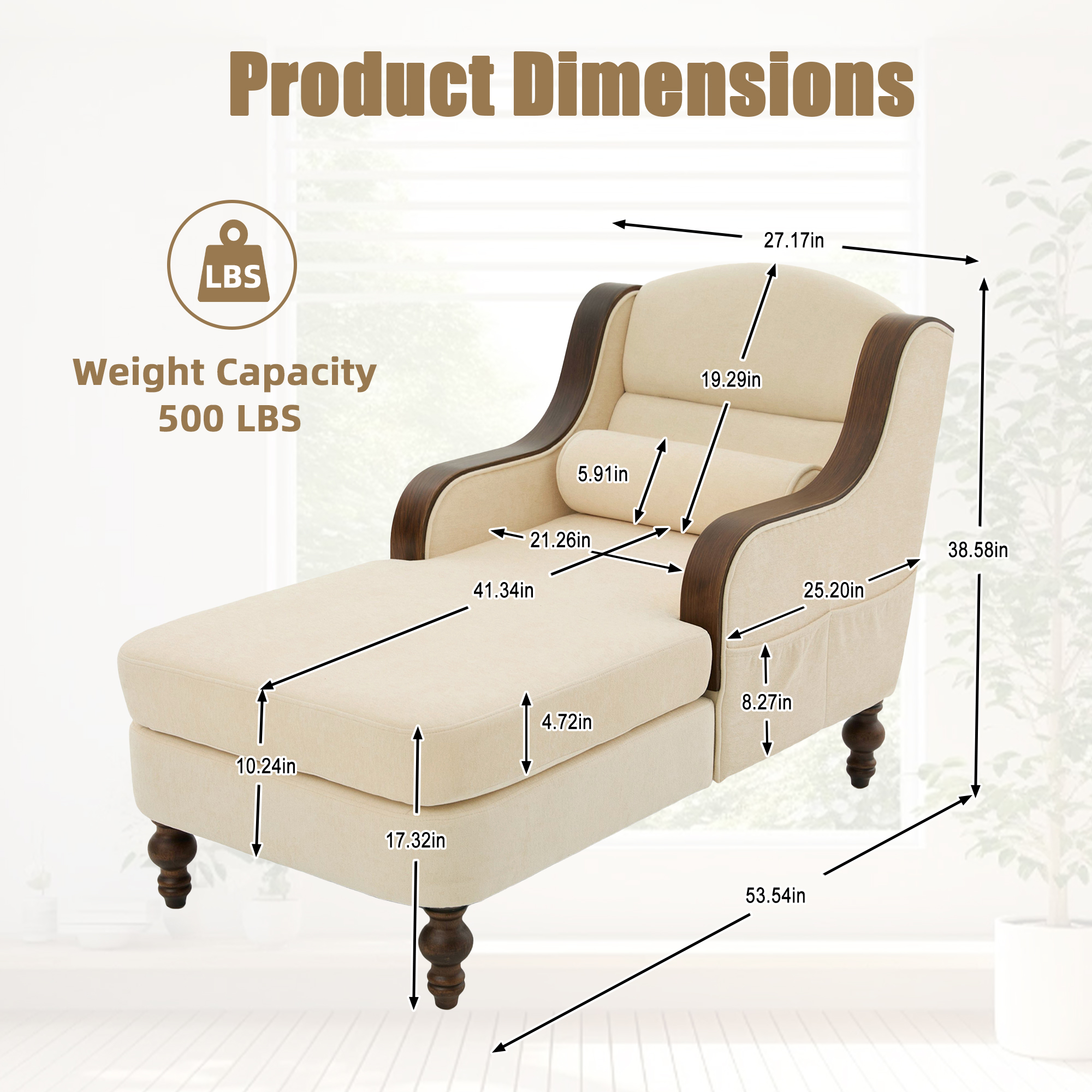MOONMISS Chenille Upholstered Wood Frame Oversized Chaise Lounge with Side Pocket for Living Room,Bedroom-Beige