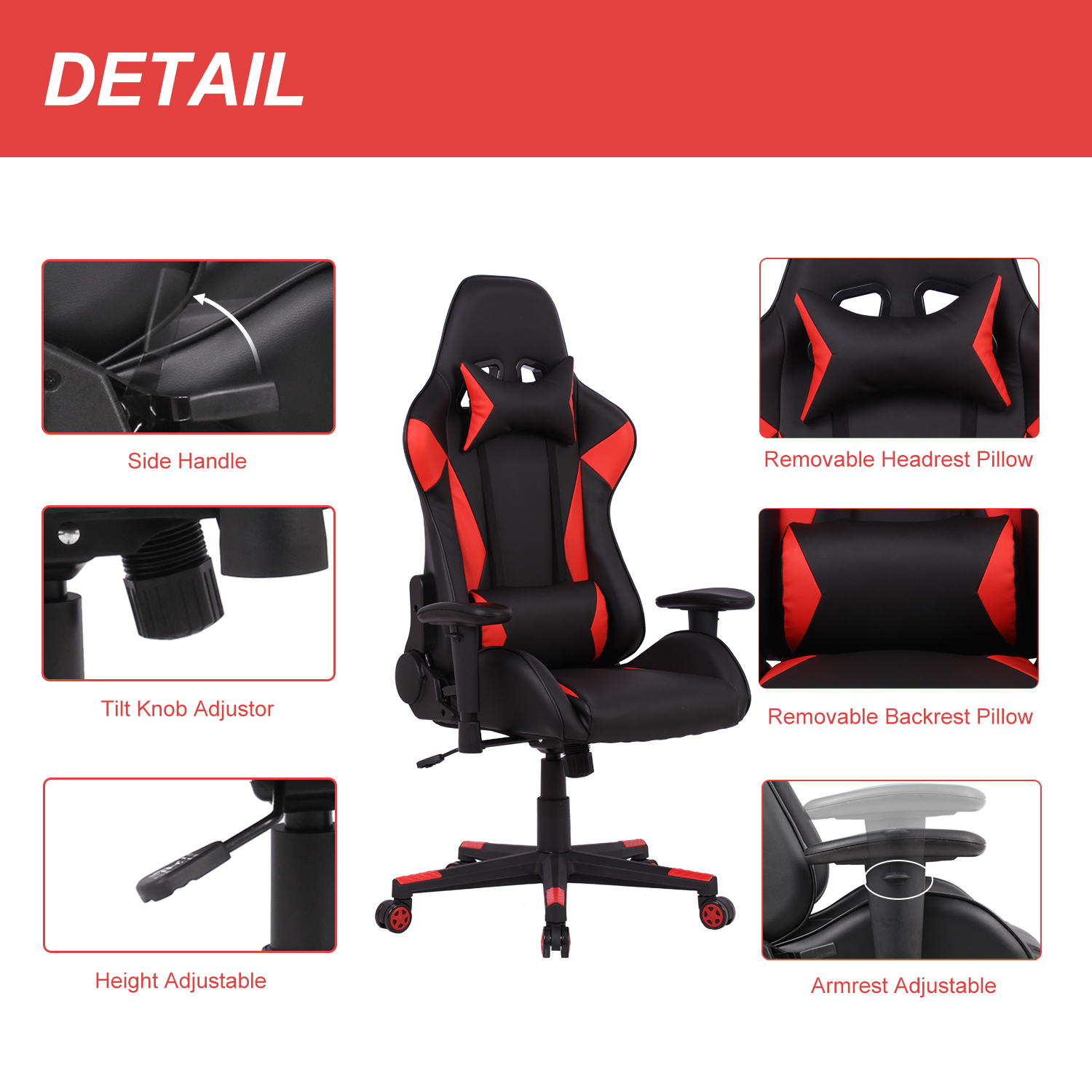 Height and Tilt Adjustable High Back Office Gaming Chair with Removable  Lumbar and Headrest Pillow - Black and Racing Red PU