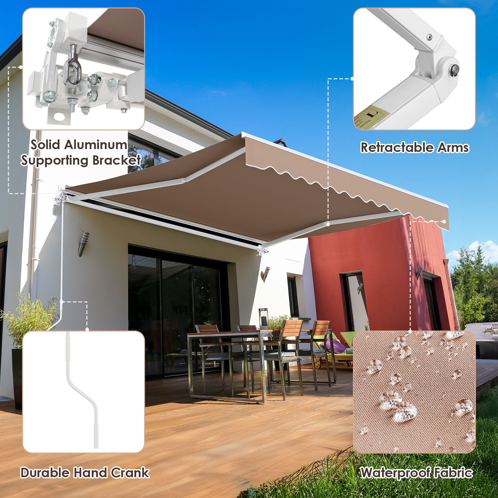 Pirecart 10' x 8' Patio Awning, Outdoor Awning Retractable Sunshade Shelter for Yard, Patio, Door, Balcony