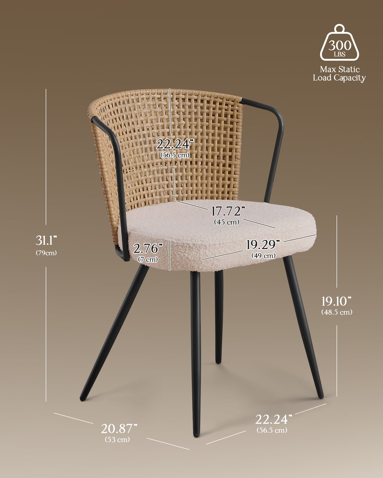 Dining Chairs Set of 2,SailvanUpholstered Mid-Century Rattan Chairs, Kitchen Dining Chairs with Rattan Backrest & Boucle Cushion,Farmhouse Accent Chair Side Chair with Metal Leg,Brown