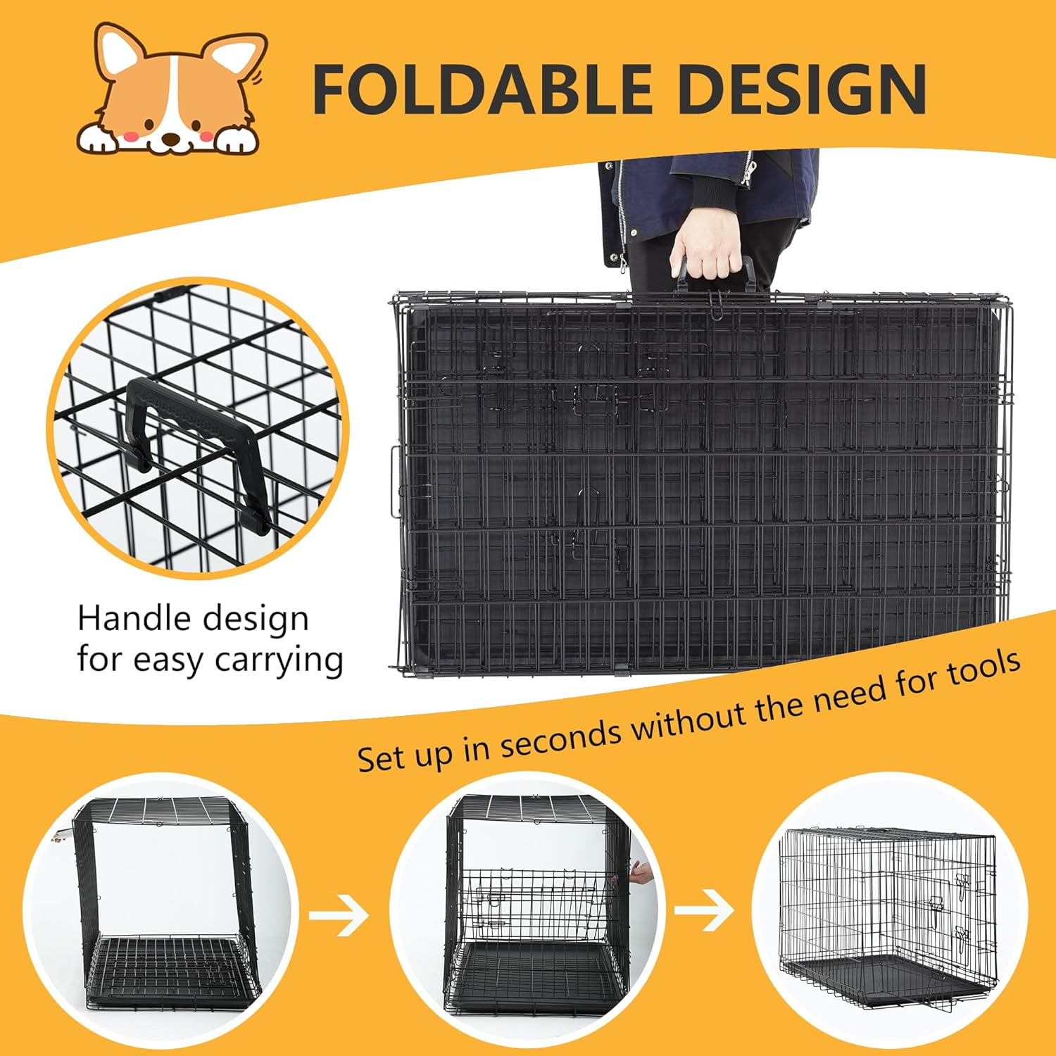Folding 36" Dog Crate for Medium Dogs, Double Door Metal Wire Kennel with Removable Tray & Divider