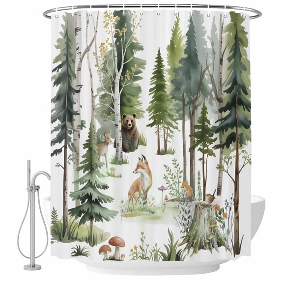 Shower Curtain Forest Animal Bathroom Curtains with Hooks, Waterproof Fabric Woodland Bear Fox Deer Bird Bath Shower Curtains Set for Bathroom Bathtubs Decor 36x72 Inch