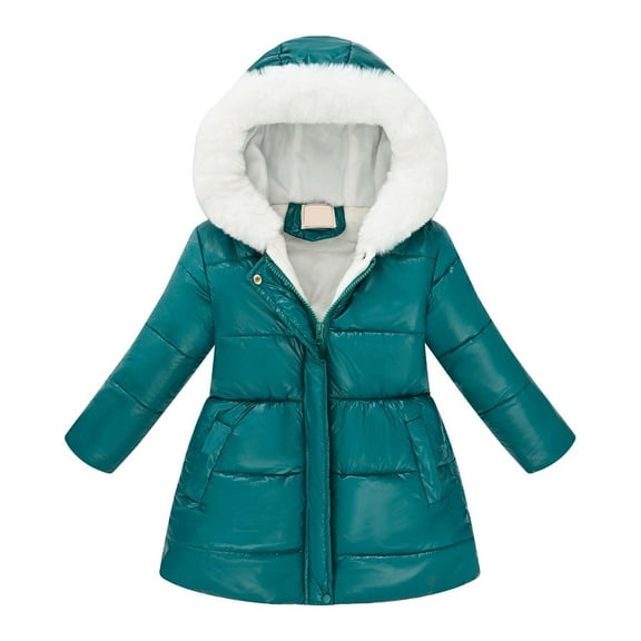 Gyujnb Girls Winter Jacket, Girls Winter Down Jacket with Hooded Trim Warm Zip Up Long Sleeve Coat Slim Fit Padded Outwear for Cold Weather,Size:6-7 Years