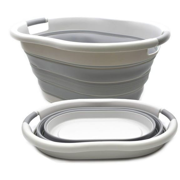 SAMMART 36L(9.5gallon)Set of 2 Collapsible Plastic Laundry Basket-Oval Tub/Basket-Foldable Storage Container-Portable Washing Tub-Space Saving Laundry Hamper,Water Capacity 28L(7.4gallon)