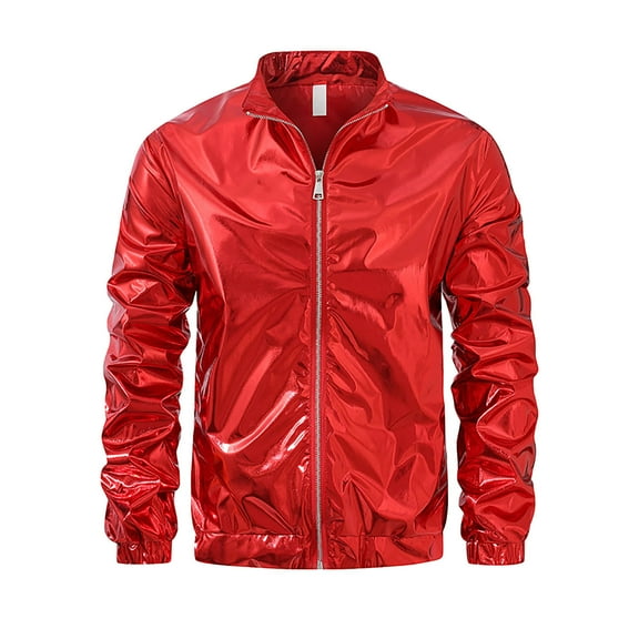 DAFPZW Metallic Jacket for Men 70s Party Varsity Jackets Zip Up Long Sleeve Shiny Lightweight Coat with Pockets