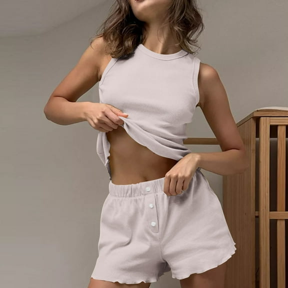 Womens Pajamas Summer Solid Color Lightweight Pajama Sets Leisure Crew Neck Sleeveless Sleepwear with Shorts Womens Summer Pajamas