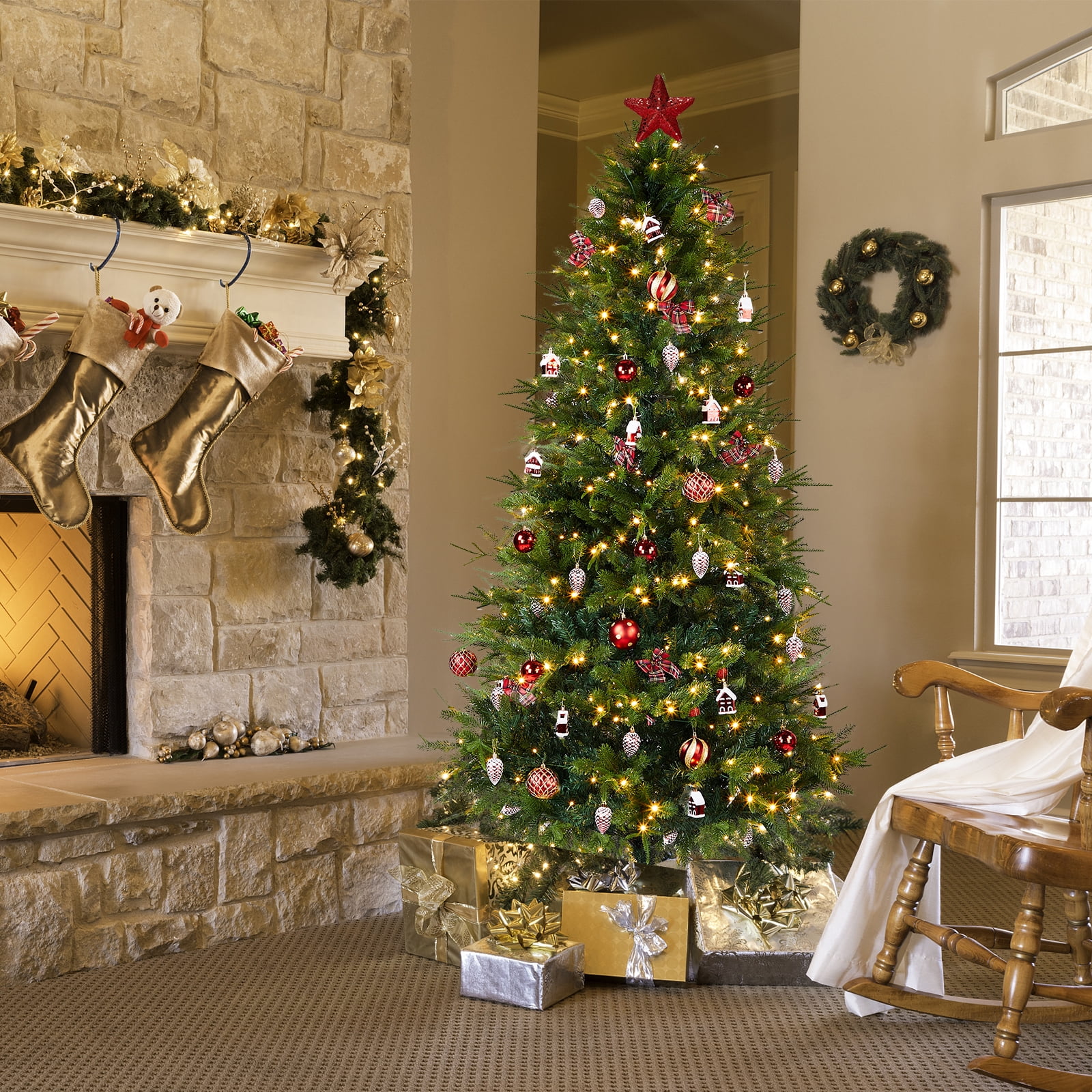 Astoutdoor 7.5 ft Artificial Christmas Tree with 400 Warm White LED Lights, Hinged Pine Tree with Tree Skirt and Ornaments, Green
