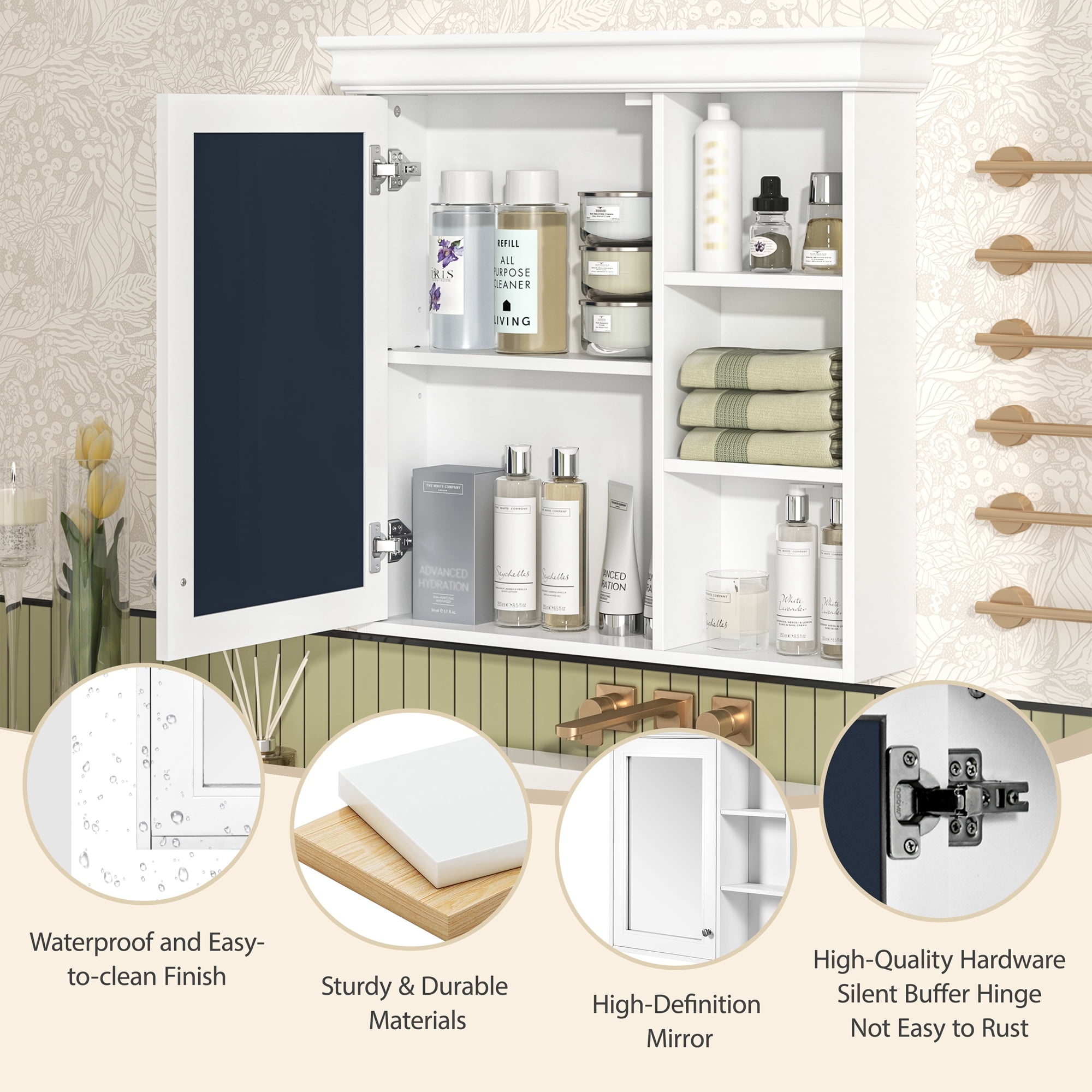 Euroco Wall-Mounted Bathroom Mirror Cabinet with Adjustable Shelf, Soft-Close Hinges, and Storage for Over Toilet or Sink