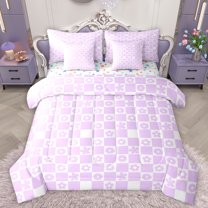 Homewish Classic Geometric Plaid 7-Piece Bedding Comforter Set,Cute Cartoon Flower King Bedding Sets,Purple White Checkered Bed Sheets For Boys Kids,Super Cozy Room Decor Reversible