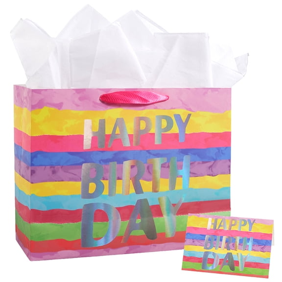 1 Set Rainbow Paper Gift Bags Ombre Present Bag 13x10.2x4.7in 1Pc Festival Card 3Pcs Tissue Paper Iridescent Tote with Handles Colorful